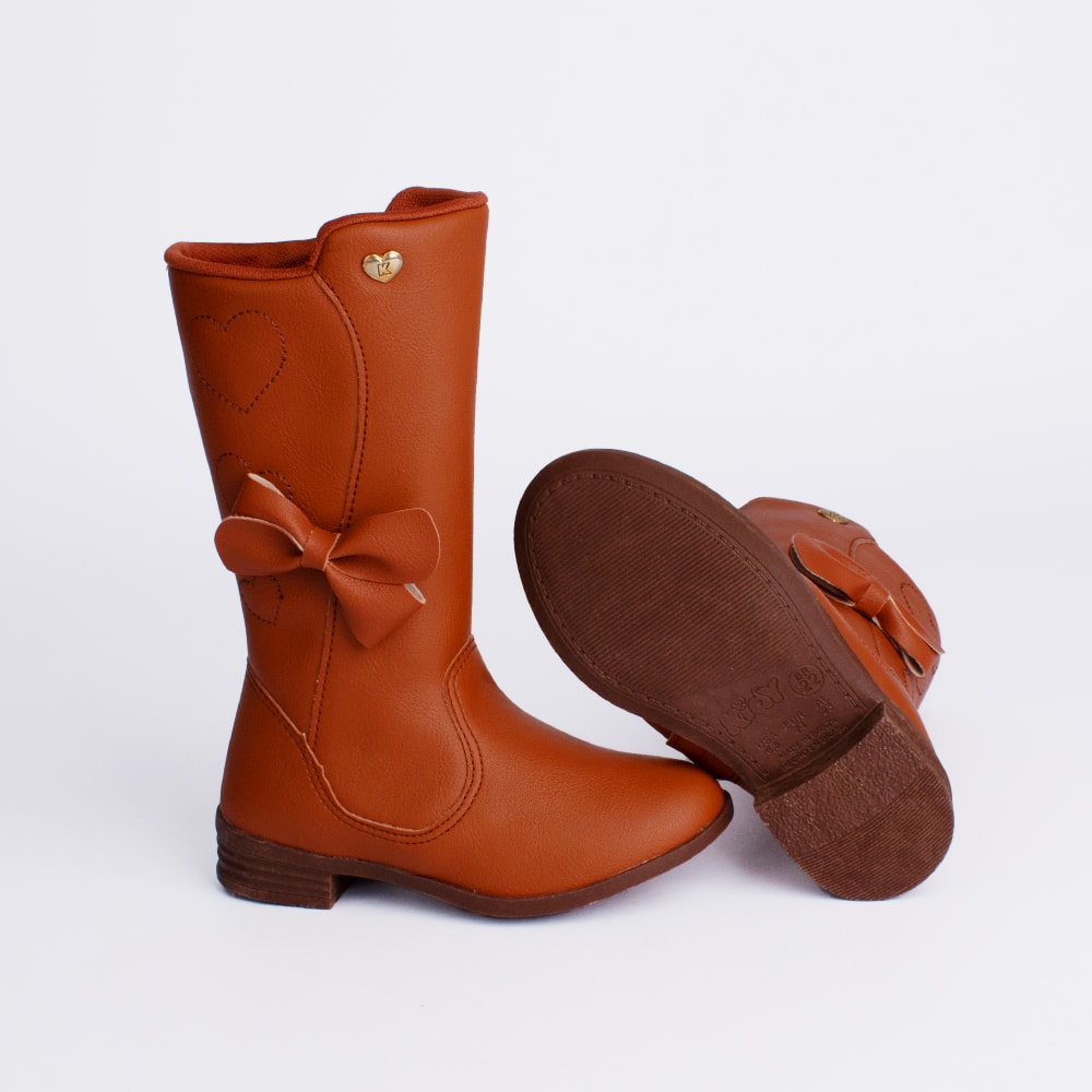 Bota Infantil Montaria Kidy Baby Cano Alto Laço Marrom Canela