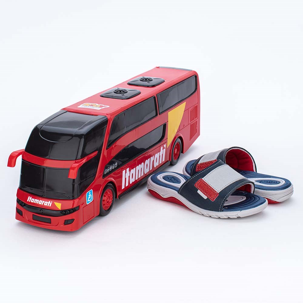 Chinelo Slide Kidy Wave Marinho e Vermelho com Mini Ônibus