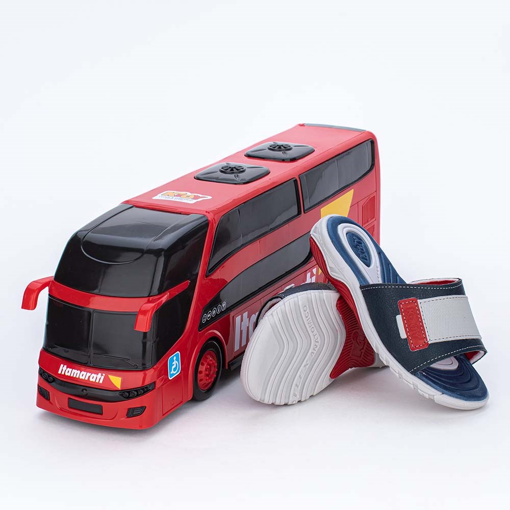 Chinelo Slide Kidy Wave Marinho e Vermelho com Mini Ônibus