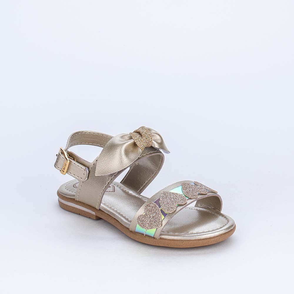 Sandália Infantil Holográfica com Corações de Glitter Ouro