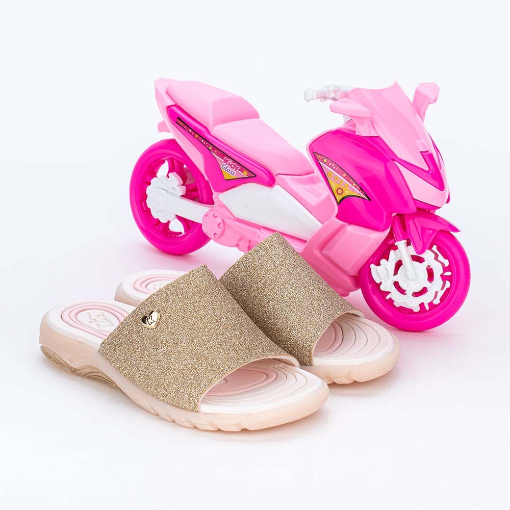 Slide Infantil Feminino de Glitter Dourado Pink e Scooter