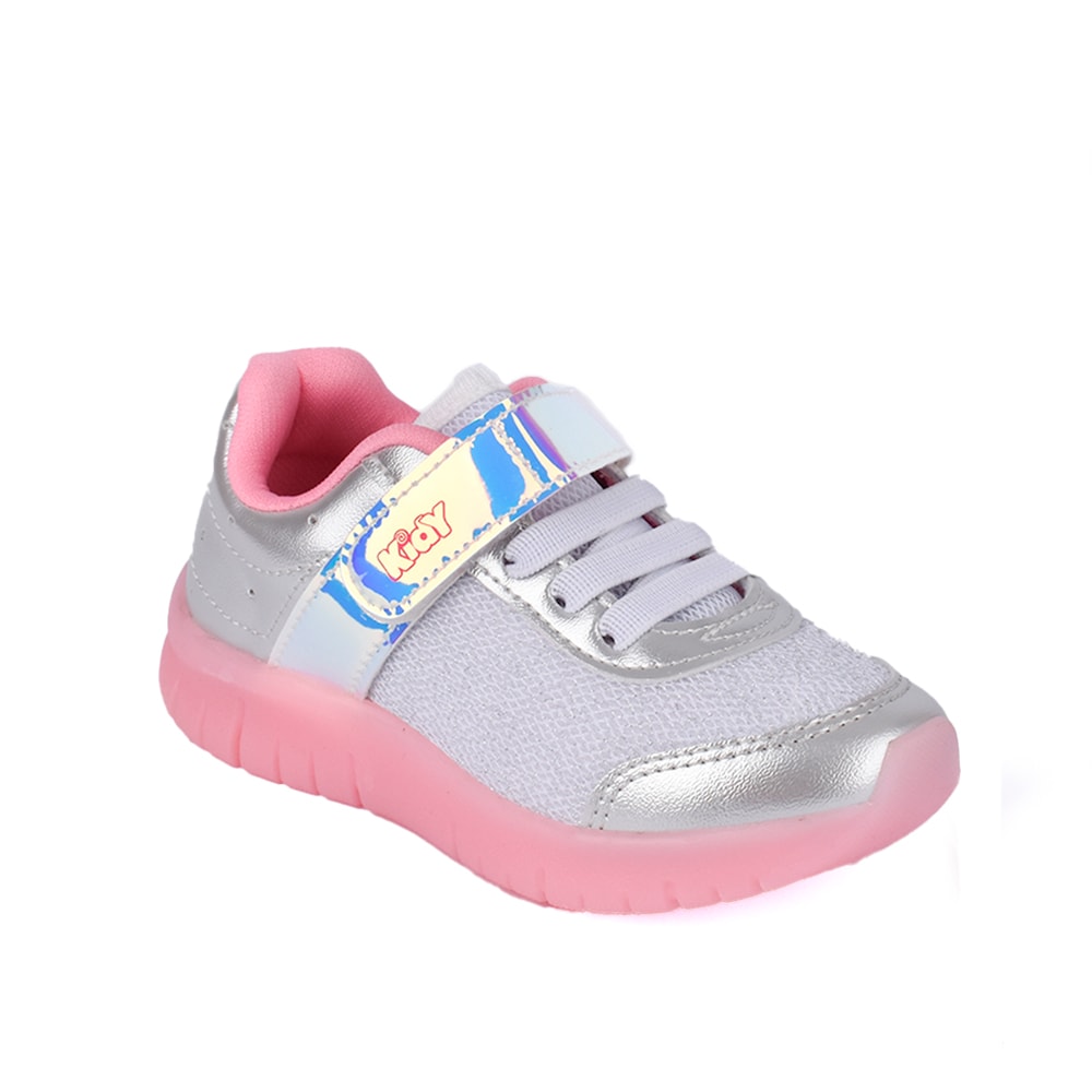 Tênis Infantil Kidy de Luz Light Fun Prata e Rosa Moderno e