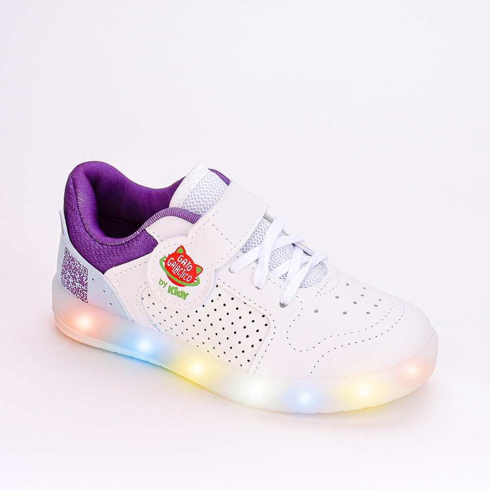 Tênis Infantil Led e Luz Kidy Hype Gato Galáctico Branco Roxo